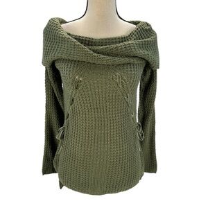OHMG Long Sleeve Cowl Neck Ribbon Detail Sweater - Olive Green - size Small